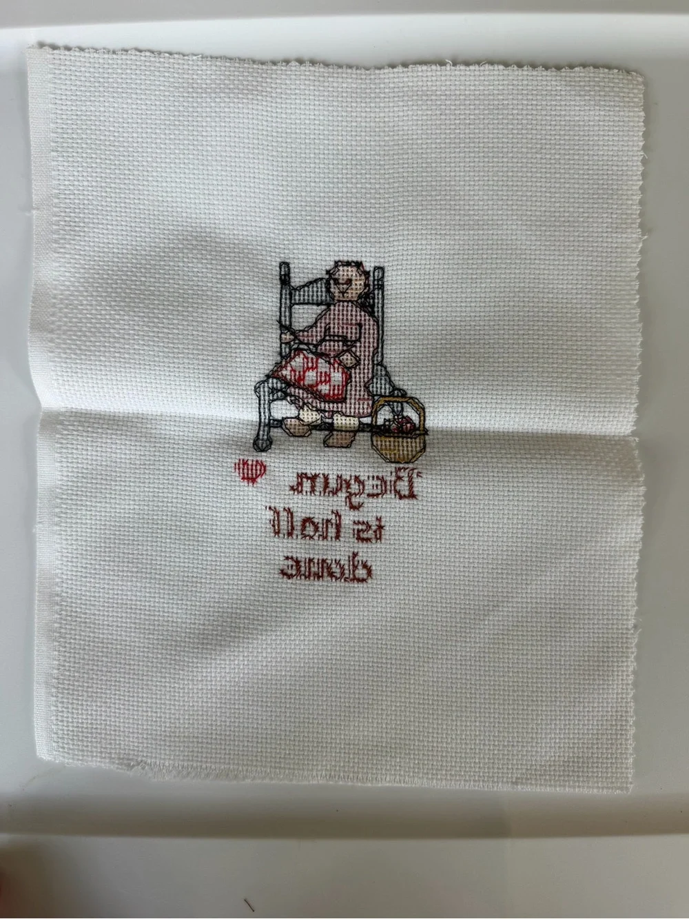 Vintage Cross Stitch Home Art Print in Cream, Red, Brown, Blue